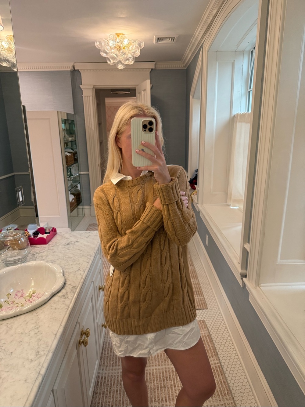 STAUD Camel Cable-Knit Mini Dress with White Shirt Hem